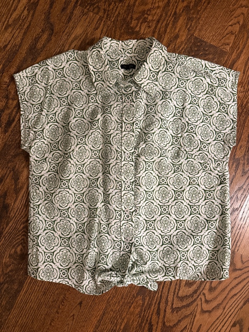 Talbots Green and White Print Button Blouse with Tie Waist